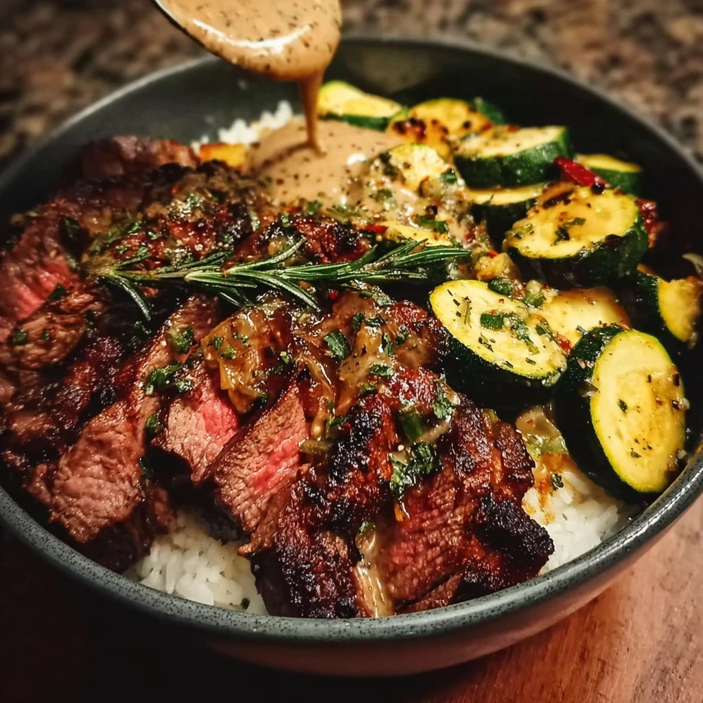 Grilled Steak Bowl with Zucchini and Savory Sauce on a white plate