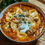 A comforting bowl of easy lasagna soup with melted cheese and herbs