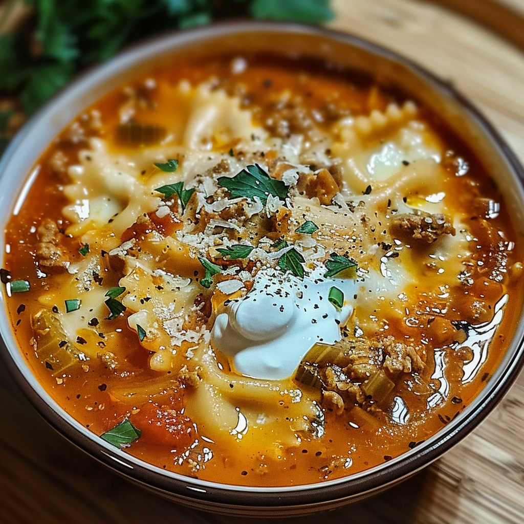 A comforting bowl of easy lasagna soup with melted cheese and herbs