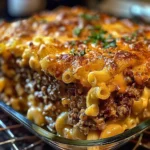 Baked mac and cheese meatloaf casserole in a 9x13-inch dish