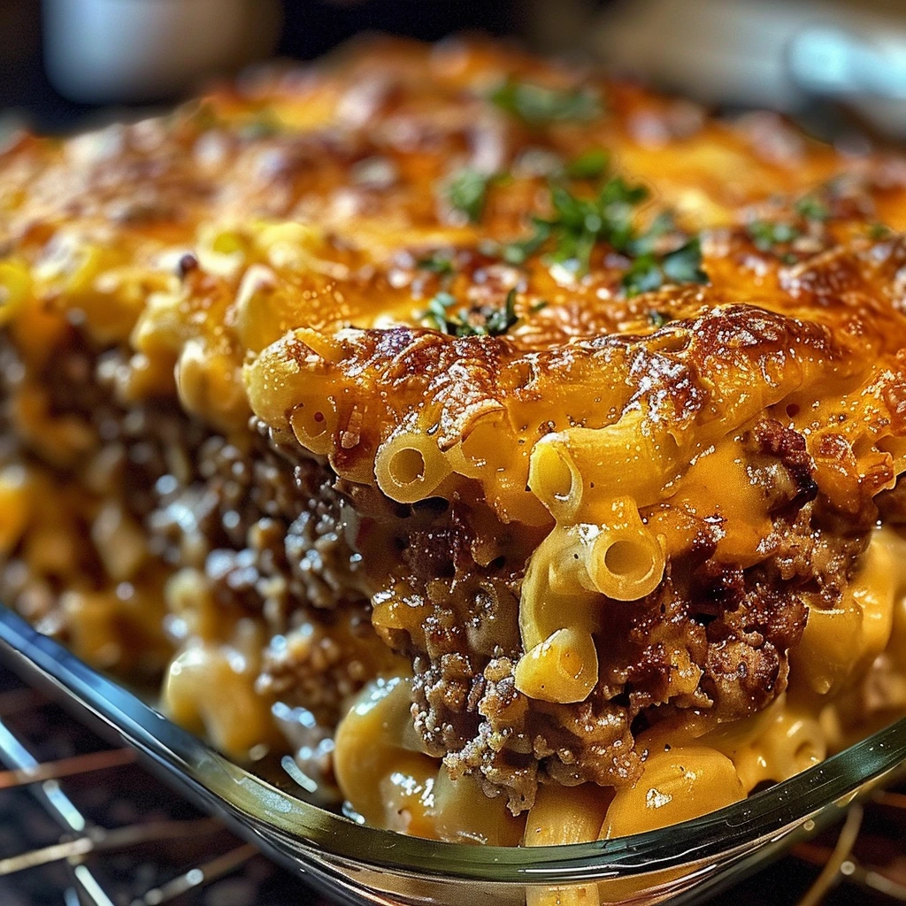 Baked mac and cheese meatloaf casserole in a 9x13-inch dish