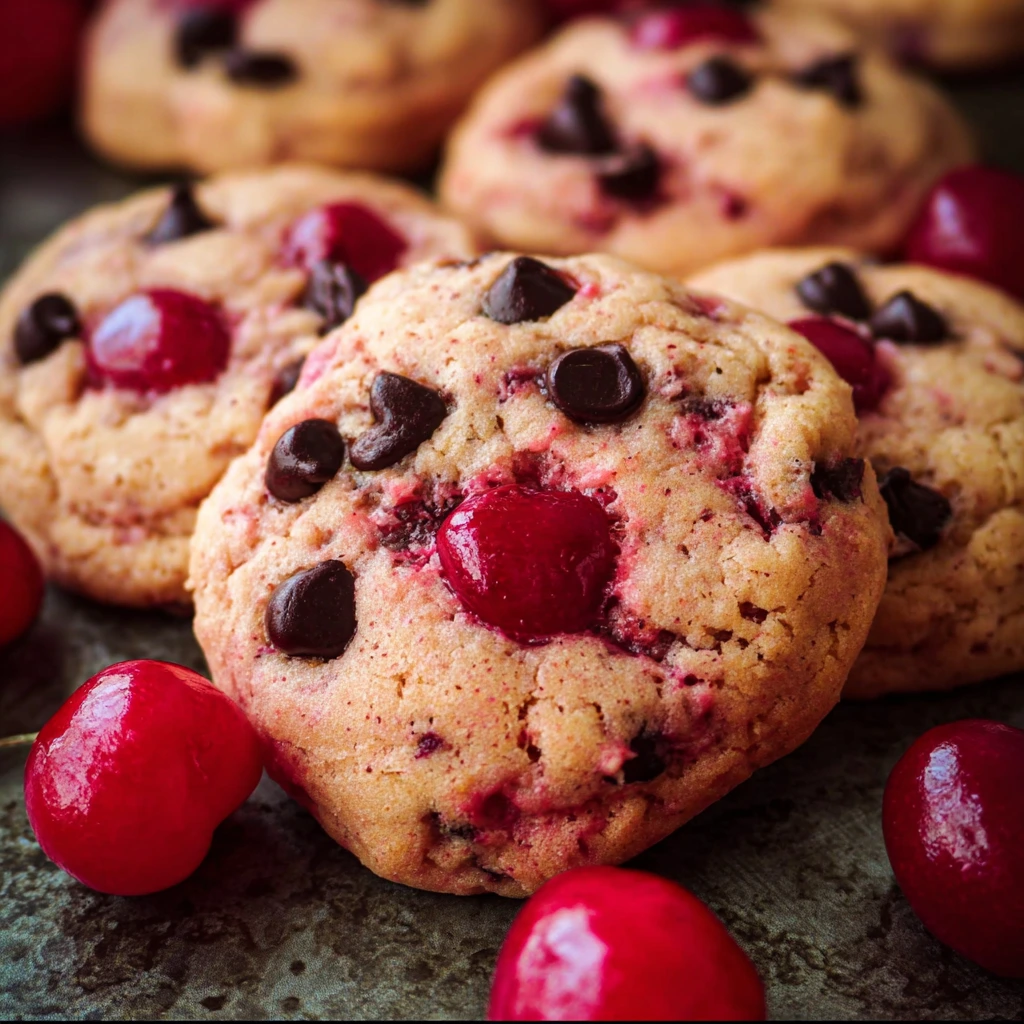 Close-up of a stack of maraschino cherry chocolate chip cookies with melted chocolate chips