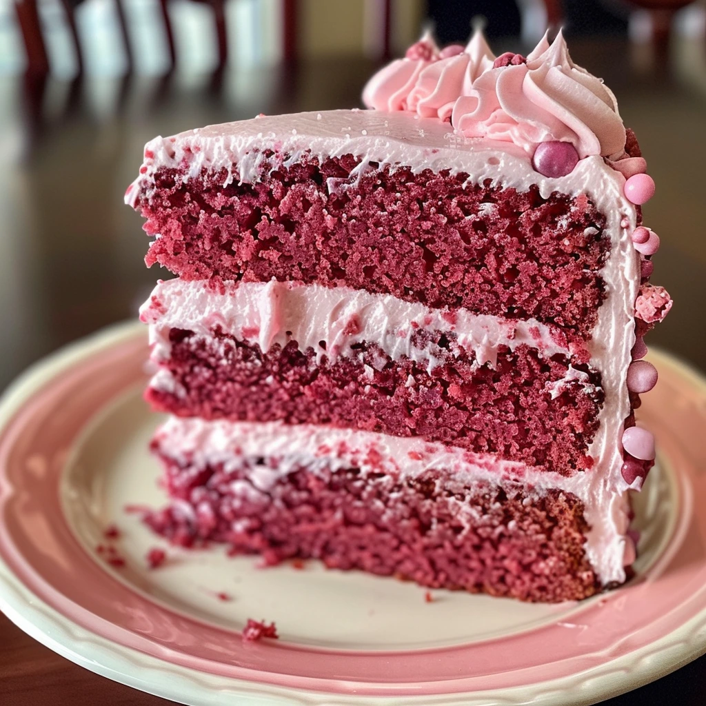 A close-up of a slice of pink velvet cake with cream cheese frosting, topped with fresh berries.