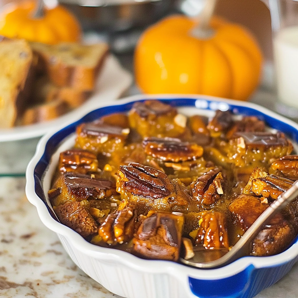 Pumpkin bread pudding topped with warm caramel sauce and toasted pecans in a baking dish