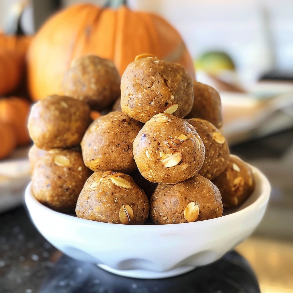 A batch of pumpkin protein energy balls arranged on a plate