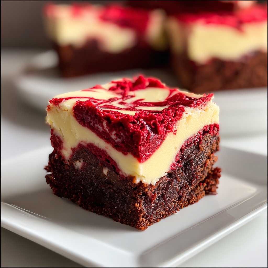 red velvet and cheesecake brownie batter being swirled together