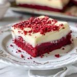 Freshly baked red velvet cookie bars in a parchment-lined pan