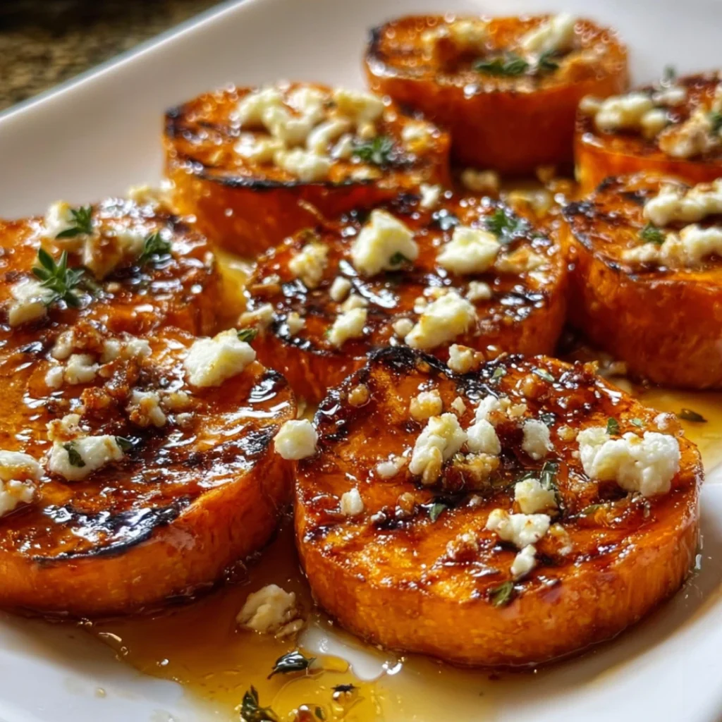 Roasted Sweet Potato Rounds with Honey & Feta – Easy Fall Side Dish 3 Roasted sweet potato rounds drizzled with honey and topped with crumbled feta on a white plate