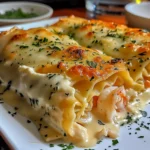 Creamy Shrimp & Crab Alfredo Roll-Ups – Easy Seafood Lasagna Bake Recipe 4 Creamy Shrimp & Crab Alfredo Roll-Ups baked with melted cheese and Alfredo sauce