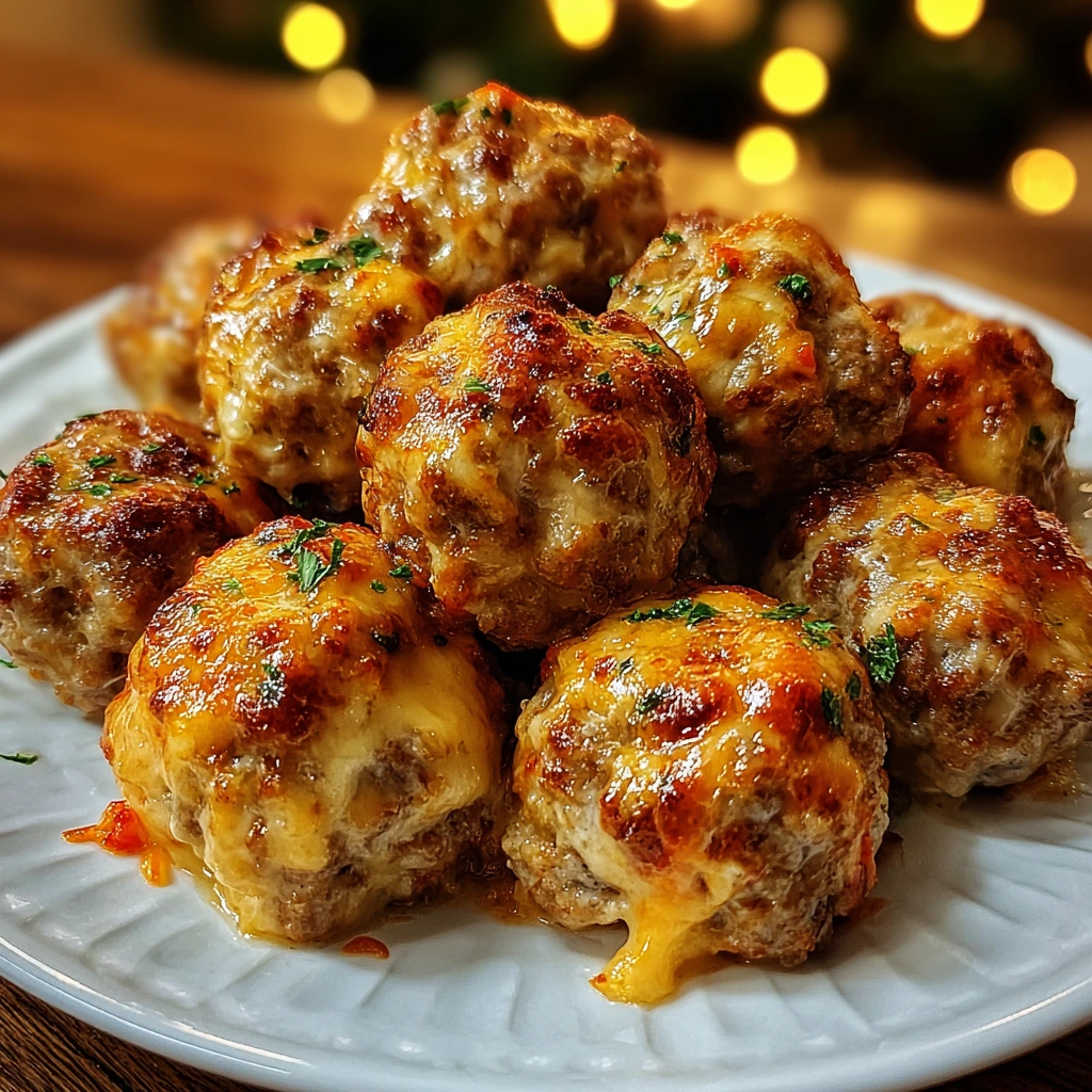 Spicy Rotel cream cheese beef sausage balls baked golden on a tray, served as an easy party appetizer.