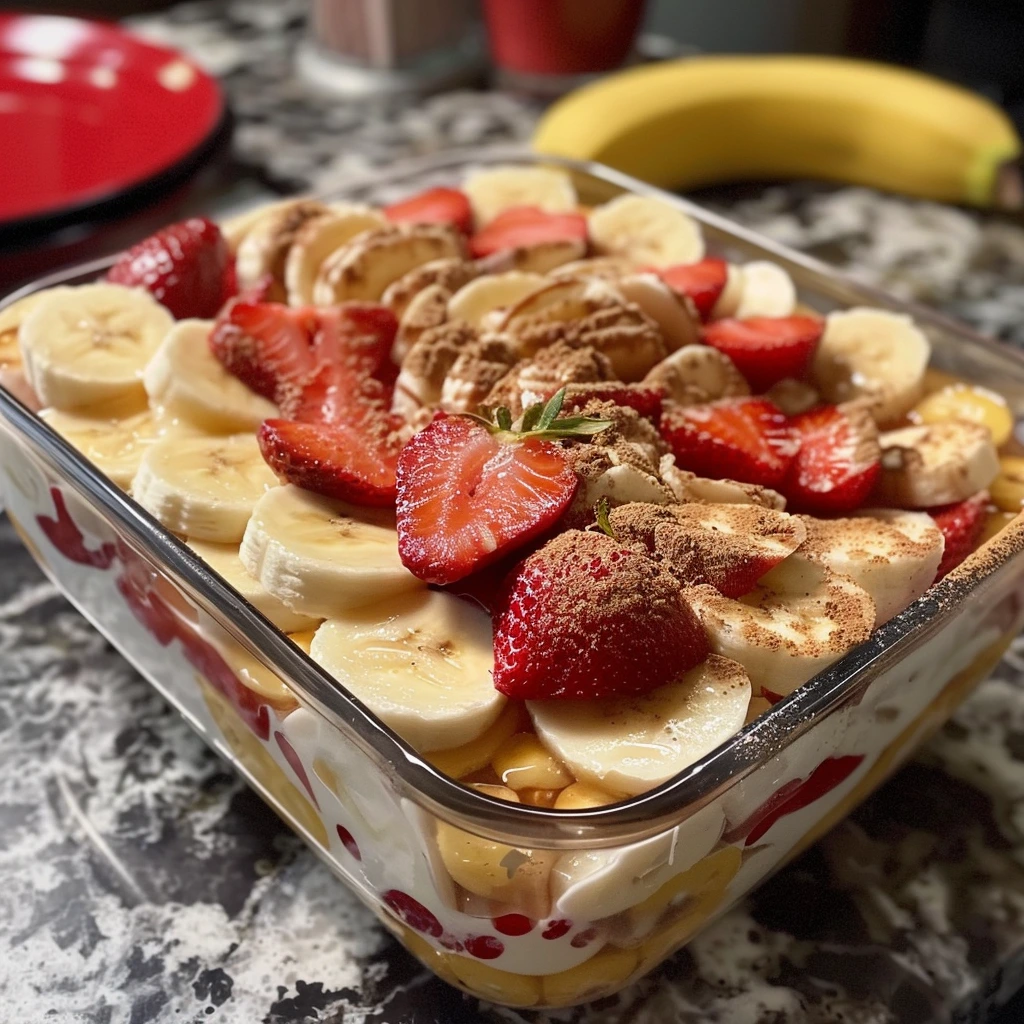 Strawberry Banana Pudding Dream in trifle dish layers of pudding, bananas, strawberries, wafers