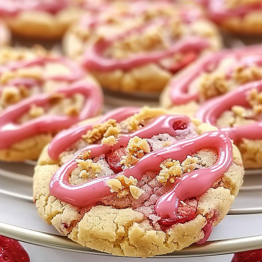Freshly baked strawberry crunch cookies with a golden finish and a crunchy topping