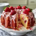 Freshly baked sweet strawberry pound cake loaf sliced on a white plate