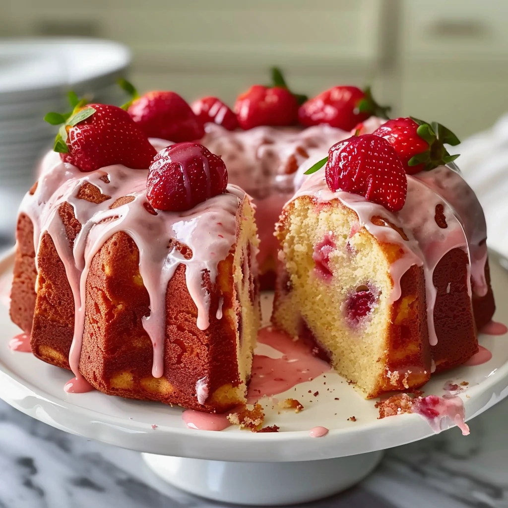 Freshly baked sweet strawberry pound cake loaf sliced on a white plate
