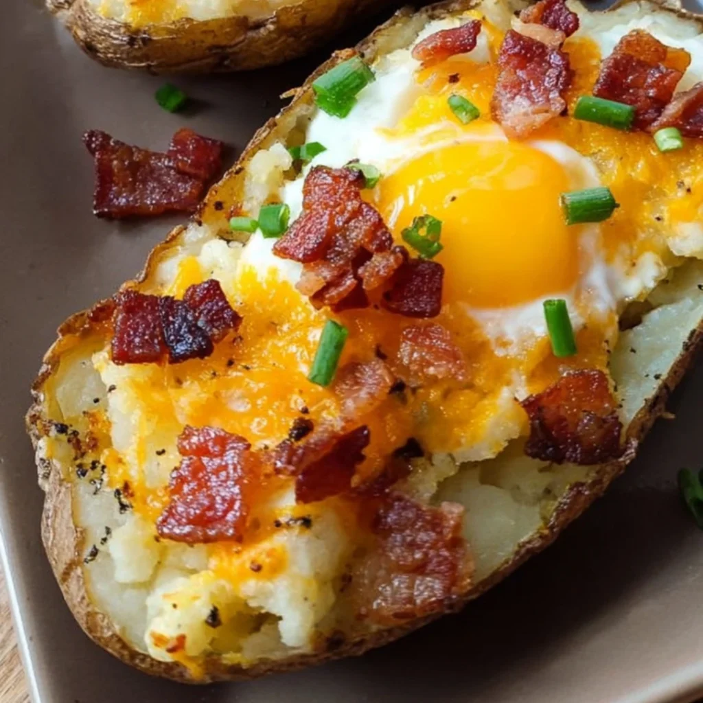Twice baked loaded breakfast potatoes filled with cheese, eggs, and turkey bacon