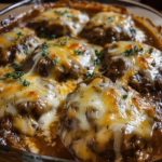 Amish Hamburger Steak Bake fresh out of the oven with melted cheese