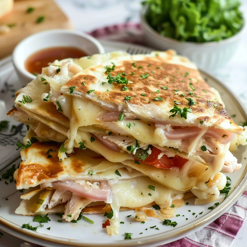 Chicken cordon bleu quesadillas on a plate with melted cheese