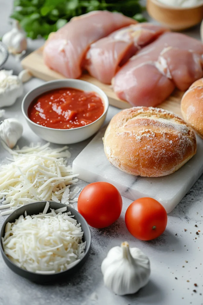 Ingredients for chicken parmesan sloppy joes laid out on counter