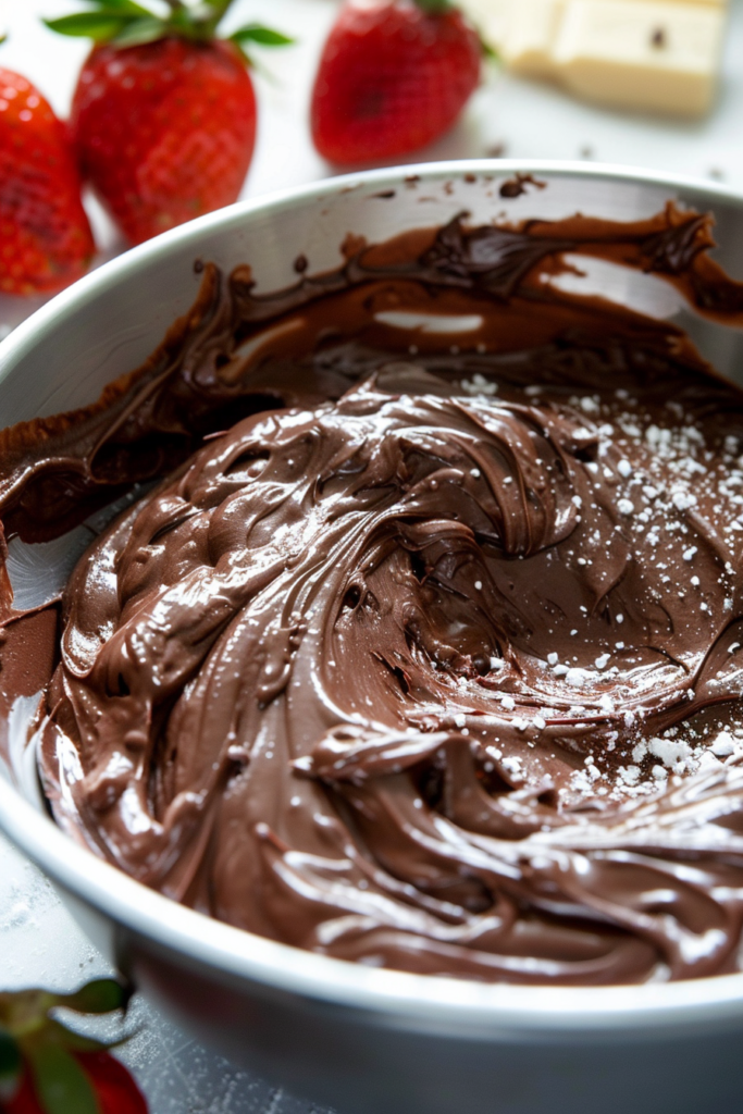 Chocolate Covered Strawberry Cupcakes: The Ultimate Valentine's Day Dessert Recipe 5 Chocolate frosting in a mixing bowl with melted semi-sweet chocolate, butter, powdered sugar, and fresh strawberries as a topping.