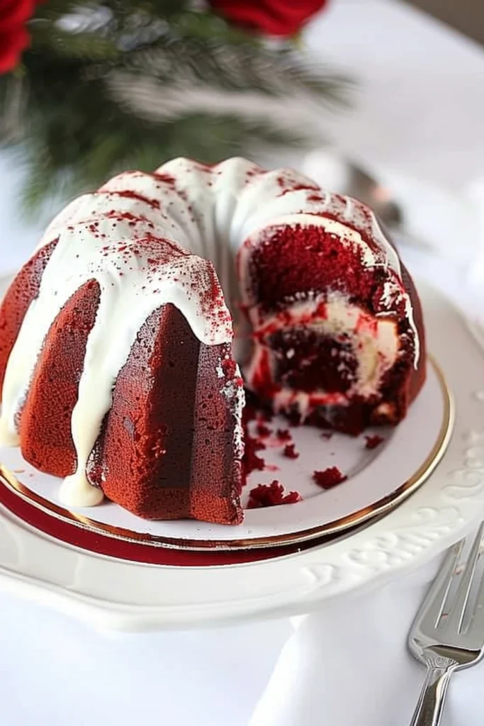 Decorated Red Velvet Bundt Cake with fresh berries