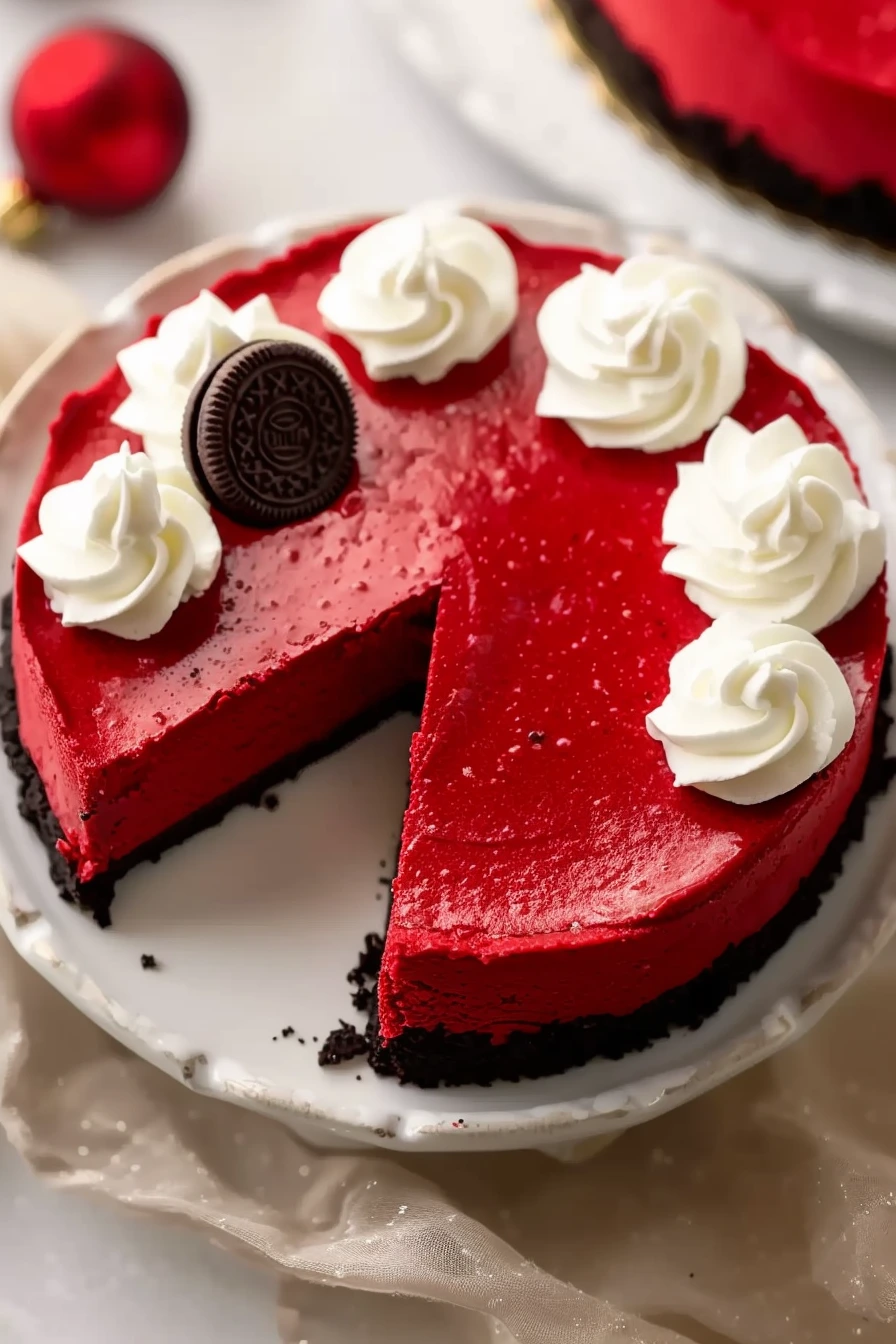 Decorated red velvet cheesecake with ganache