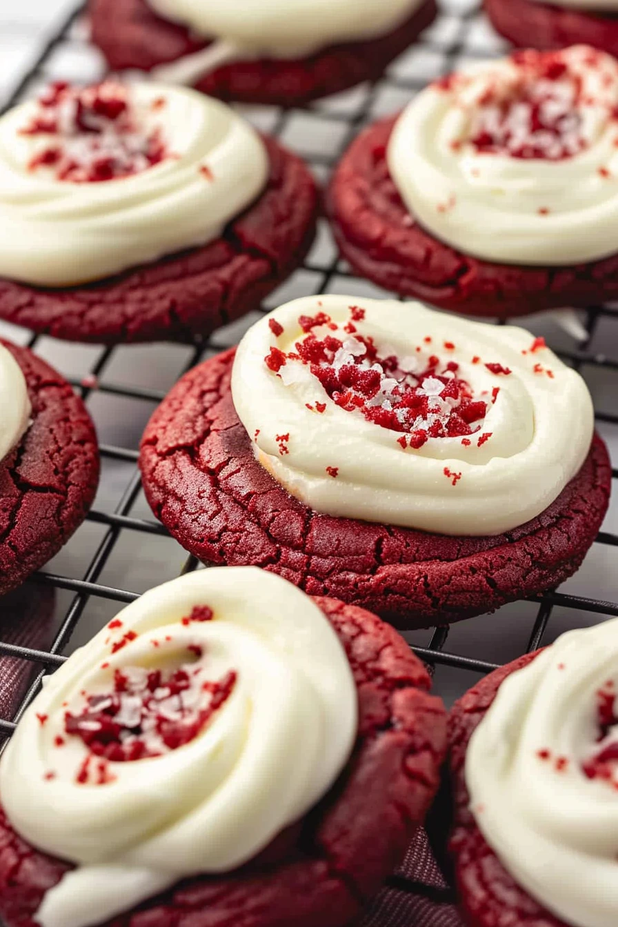 Decorated red velvet cookies with sprinkles and chocolate drizzle