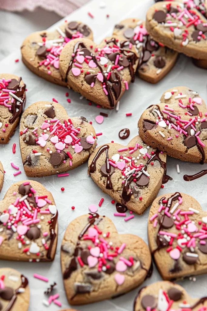Decorating heart-shaped chocolate chip cookies with sprinkles and melted chocolate drizzle