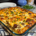 Easy egg sausage casserole in a ceramic dish