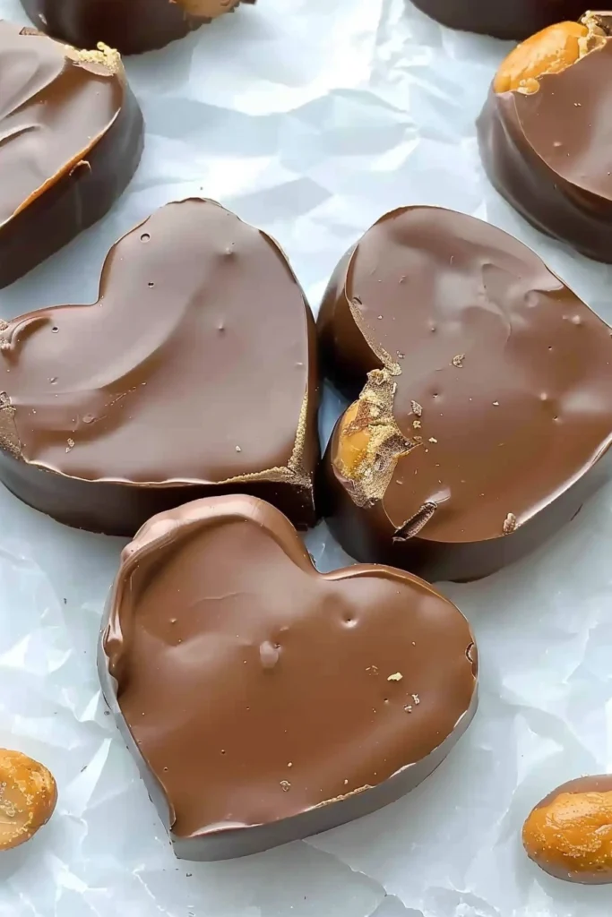 Peanut Butter Valentine’s Hearts: The Perfect Homemade Treat for Your Loved One 4 Finished Peanut Butter Chocolate Hearts on a plate, drizzled with white chocolate.