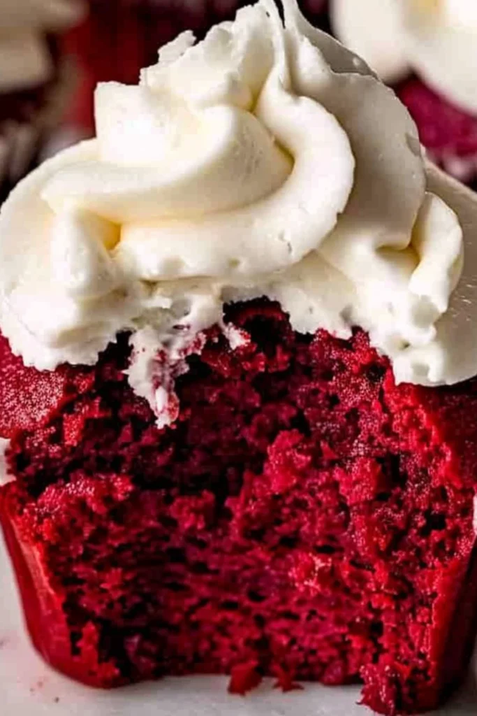 A plate of red velvet cupcakes decorated with cream cheese frosting.