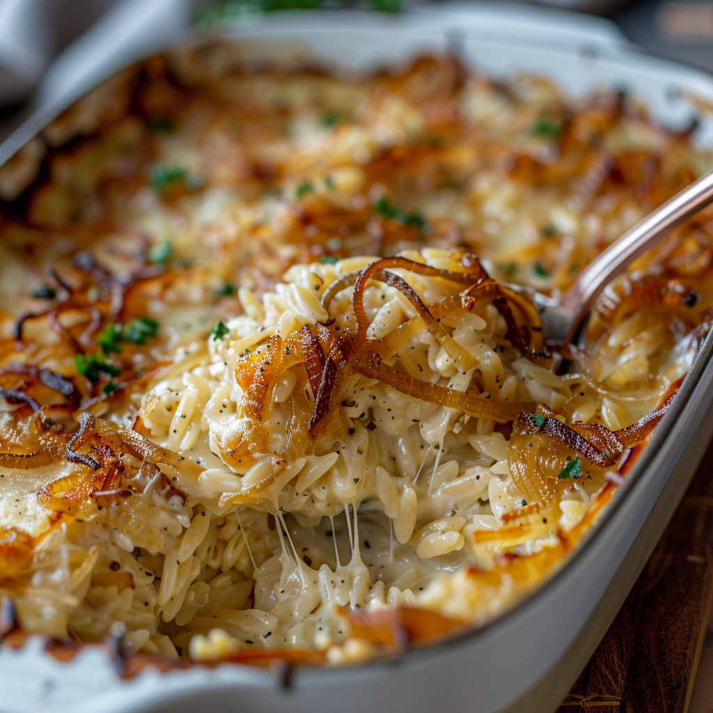 French Onion Chicken Orzo Casserole in a creamy cheesy bake