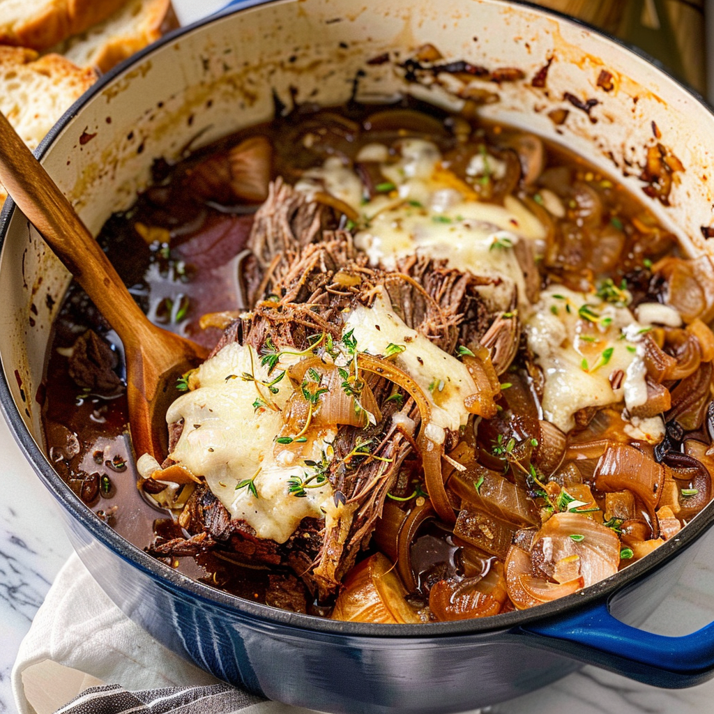 French onion pot roast with caramelized onions and rich gravy