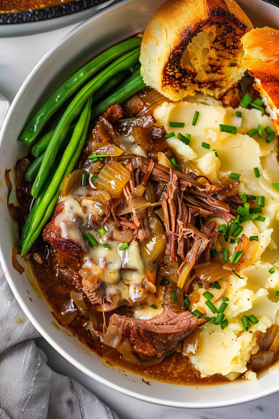 French onion pot roast served with sides