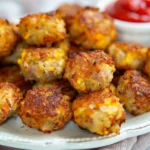 Crispy hash brown sausage bites made with turkey sausage stacked on a ceramic plate.