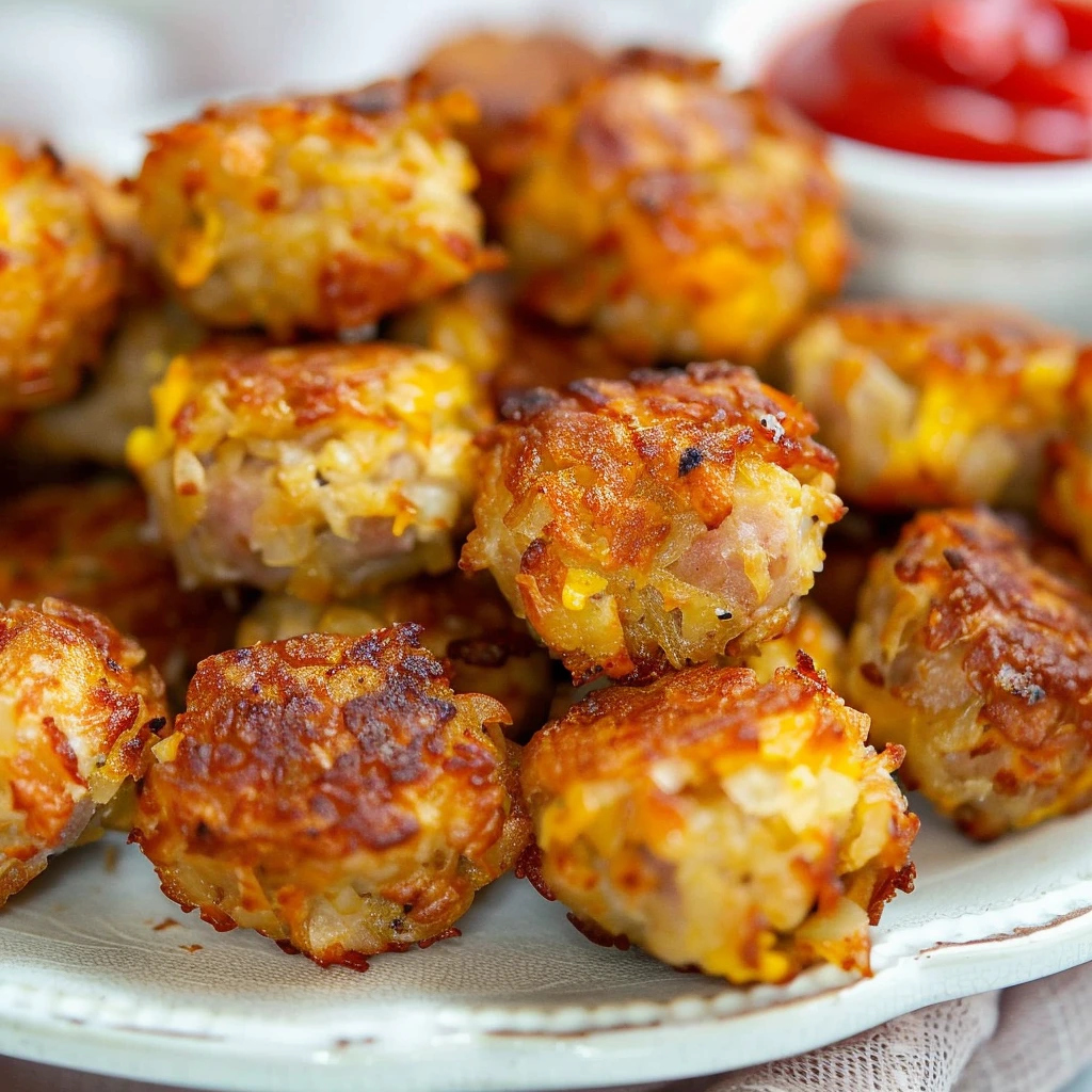 Crispy hash brown sausage bites made with turkey sausage stacked on a ceramic plate.