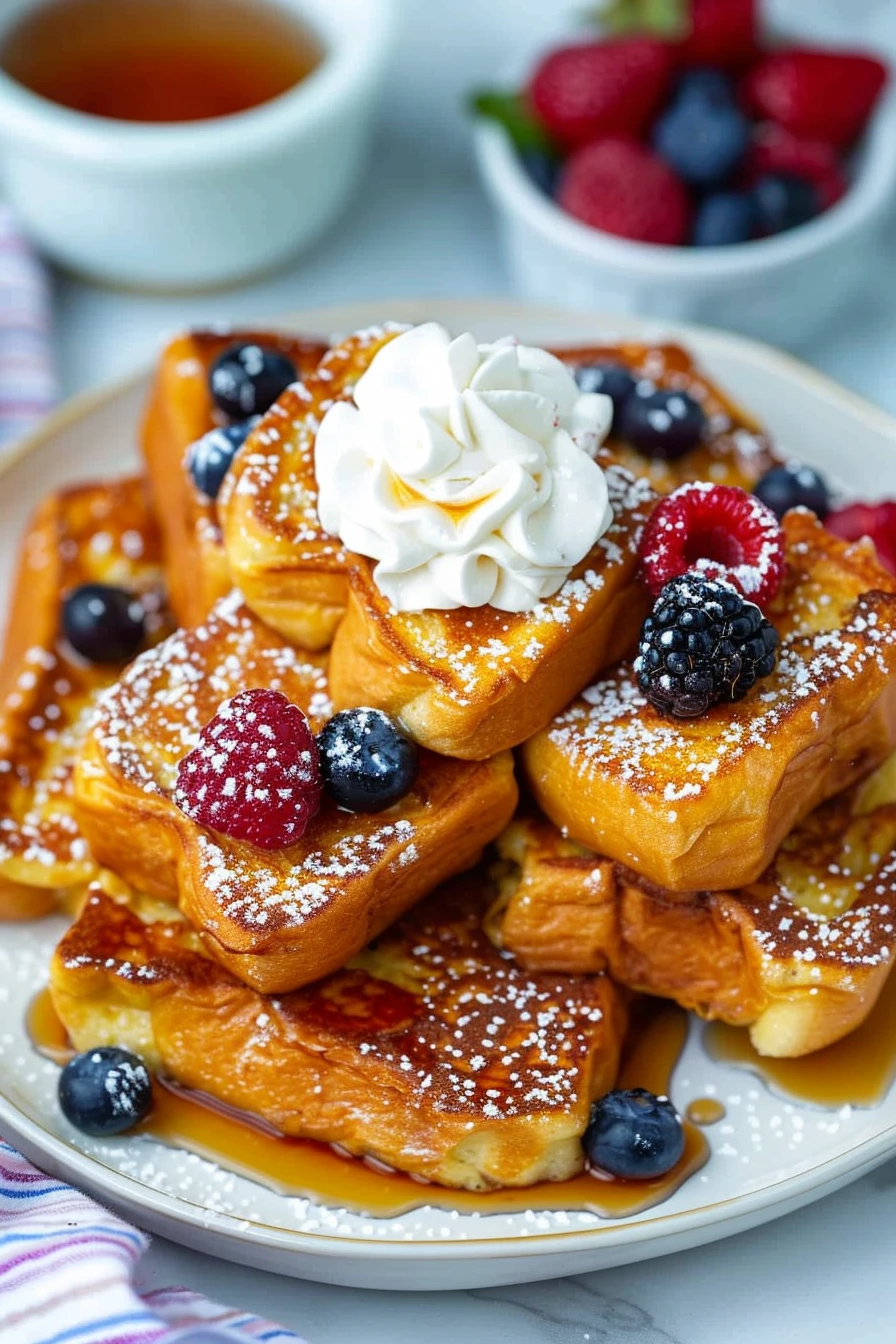 Plated Hawaiian Roll French Toast with toppings