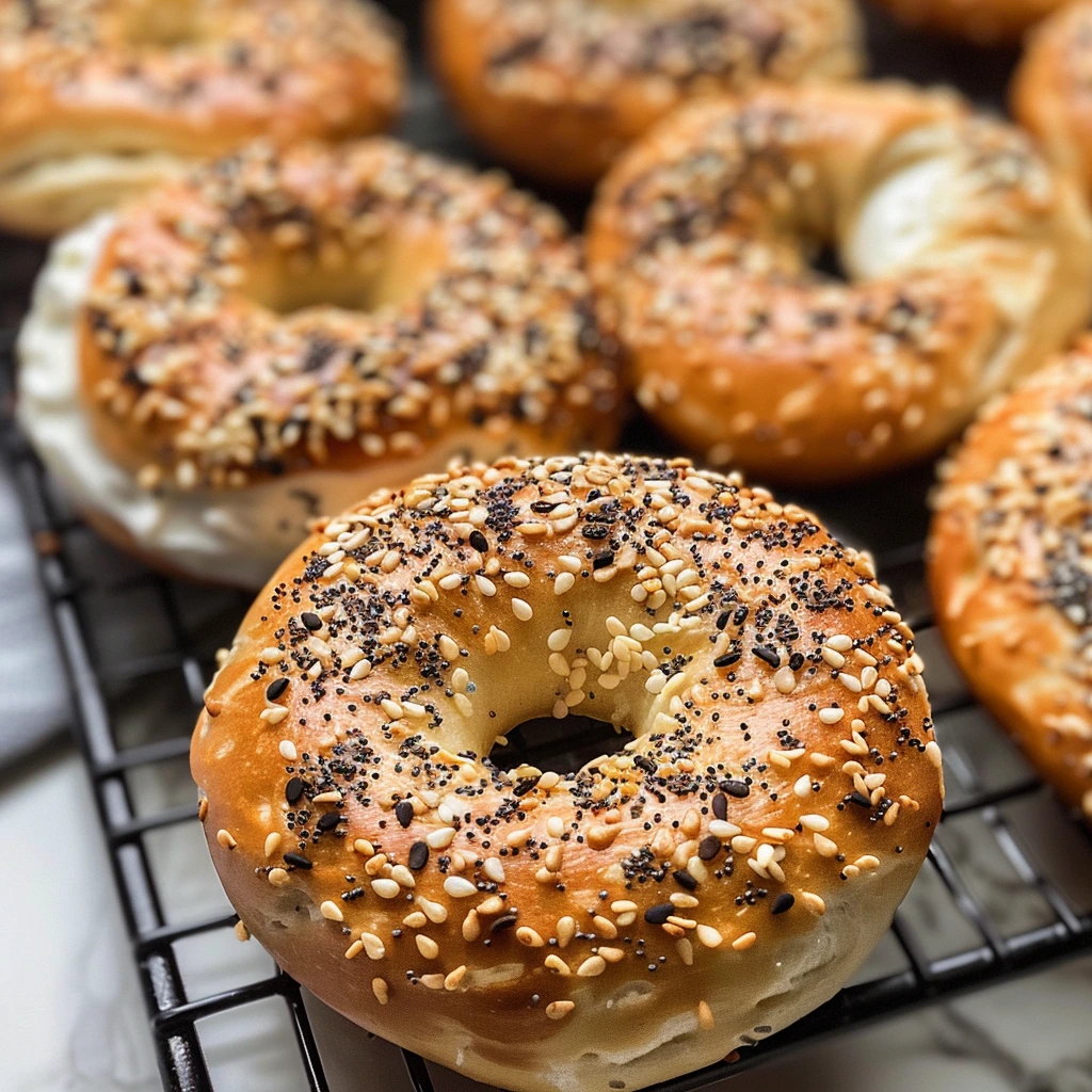 Healthy Greek Yogurt Bagels with sesame seeds and honey drizzle
