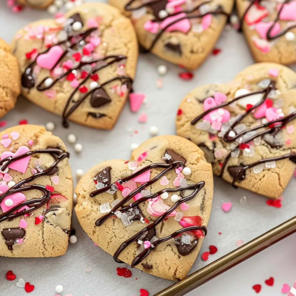 Heart-shaped chocolate chip cookies with sprinkles, perfect for Valentine’s Day