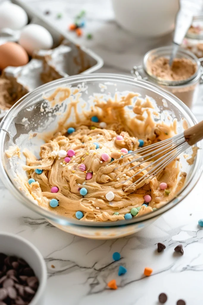 Lucky Charms Chocolate Cookies: The Ultimate Treat for Your Sweet Tooth 5 Cookie dough with chocolate chips and Lucky Charms marshmallows ready to be baked.