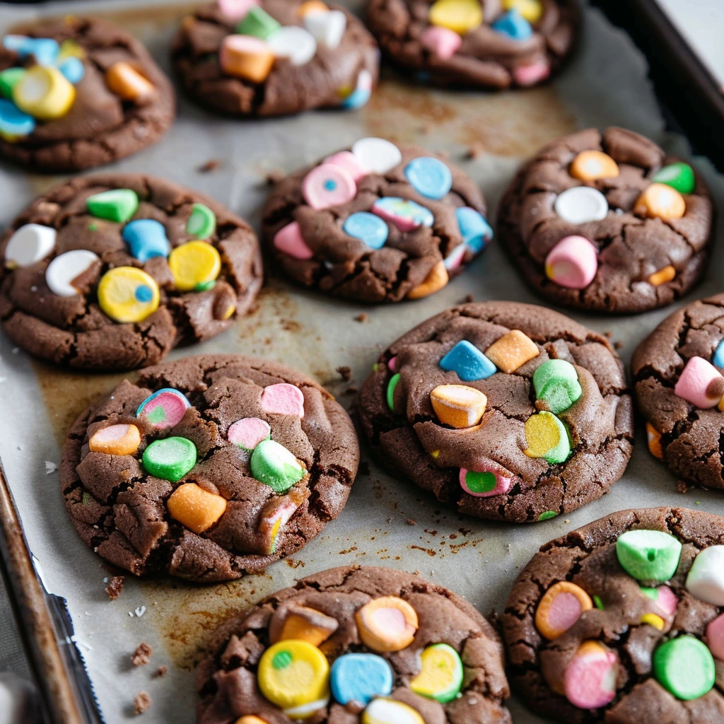 Lucky Charms Chocolate Cookies: The Ultimate Treat for Your Sweet Tooth 4 Freshly baked Lucky Charms Chocolate Cookies with colorful marshmallows and chocolate chips.