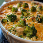 One pot chicken broccoli rice casserole with creamy cheese and tender chicken