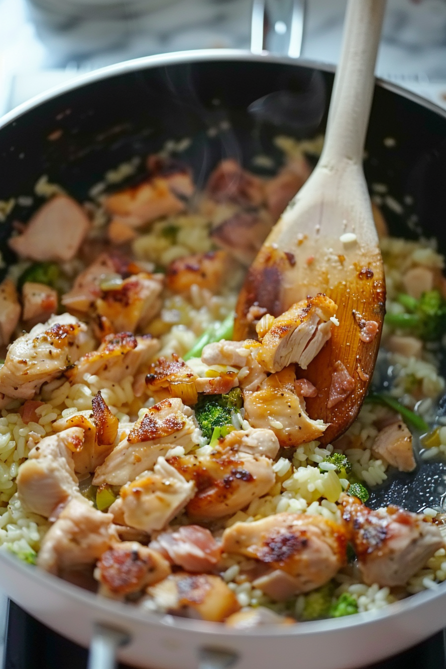 Preparing one pot chicken broccoli rice casserole with chicken and vegetables