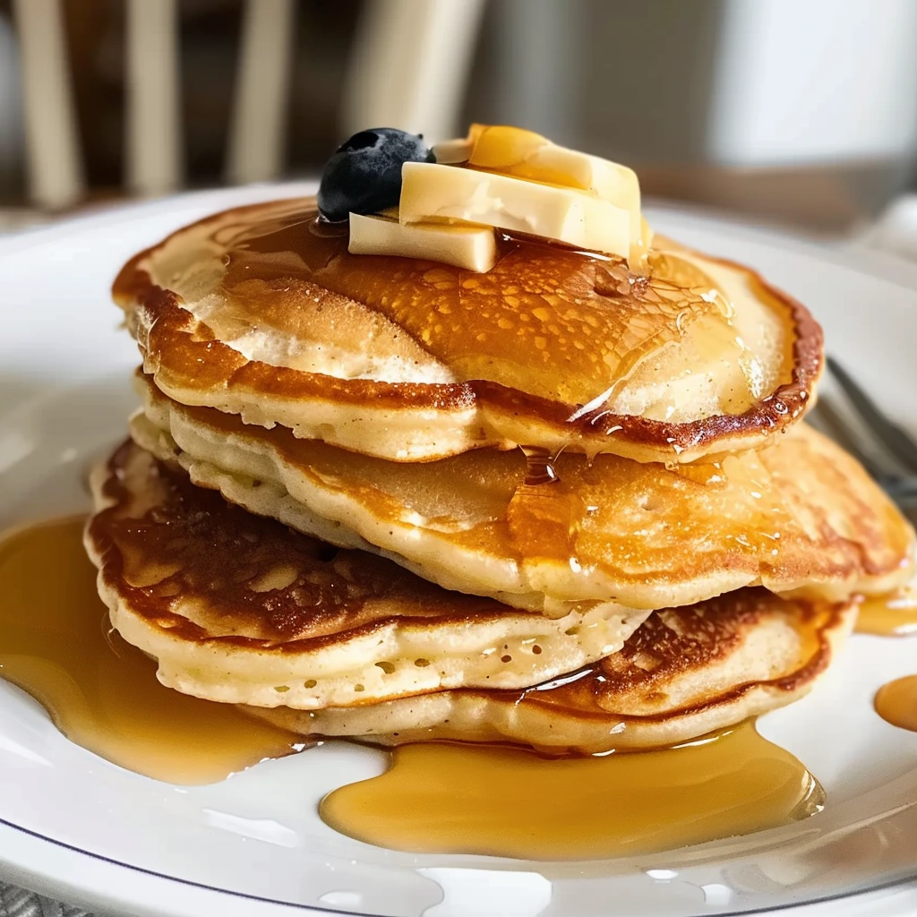 Stack of cottage cheese pancakes with mixed fruit on the side.