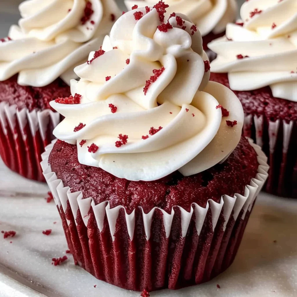 Piping fluffy cream cheese frosting onto freshly baked red velvet cupcakes.
