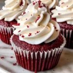 Piping fluffy cream cheese frosting onto freshly baked red velvet cupcakes.
