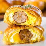 Sausage egg breakfast rolls on a wooden plate
