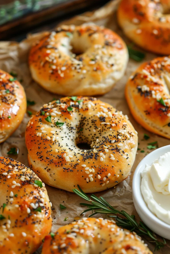 Savory Greek Yogurt Bagels with garlic, rosemary, and cream cheese