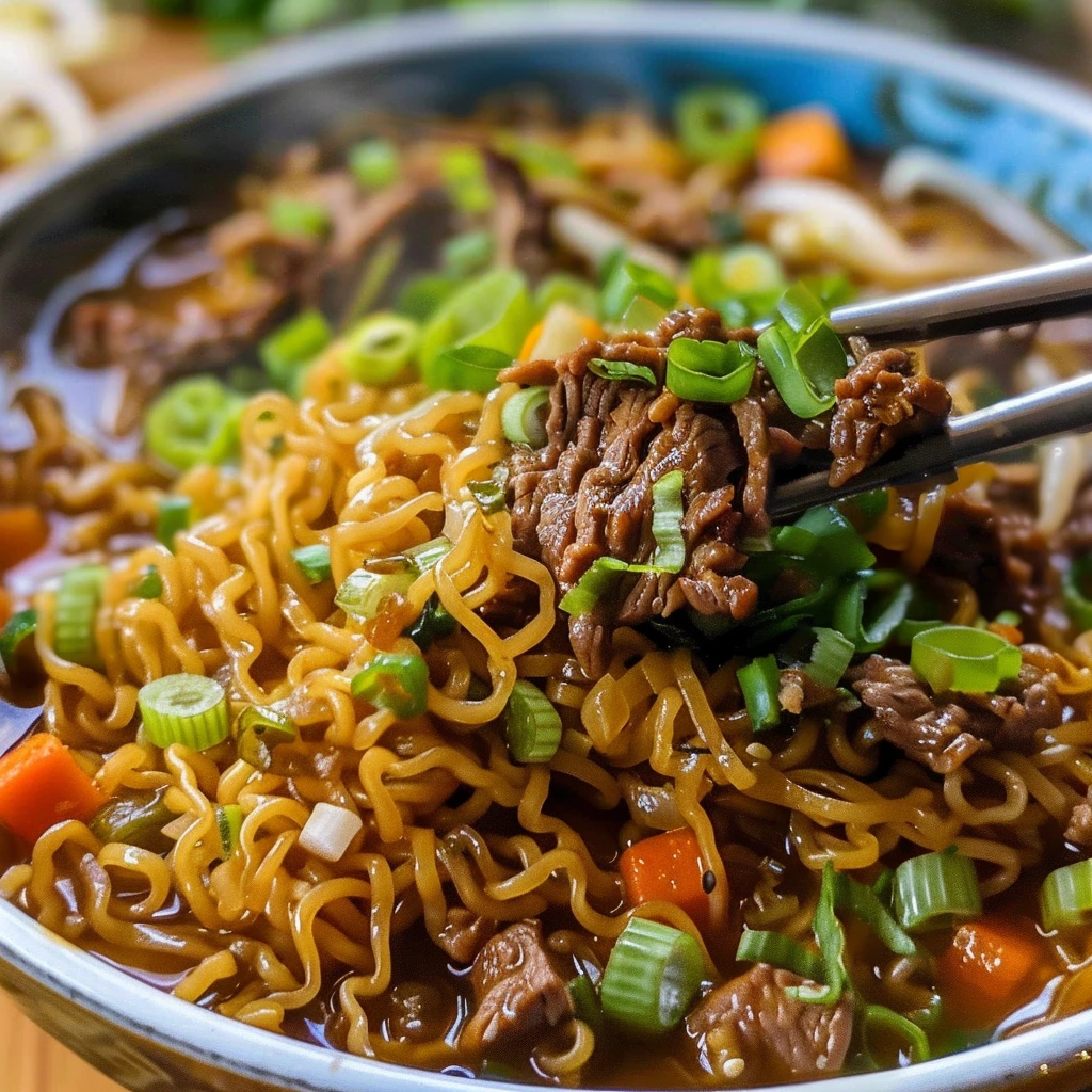 Slow cooker beef ramen noodles with tender beef and fresh vegetables