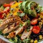 southwest chicken salad with grilled chicken, black beans, corn, and avocado