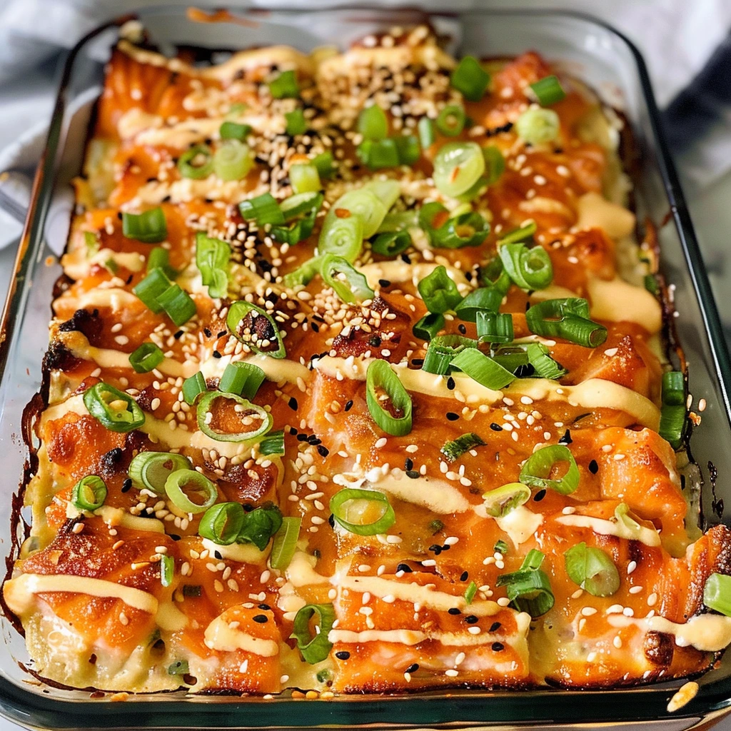 Spicy salmon sushi bake with creamy toppings and green onions